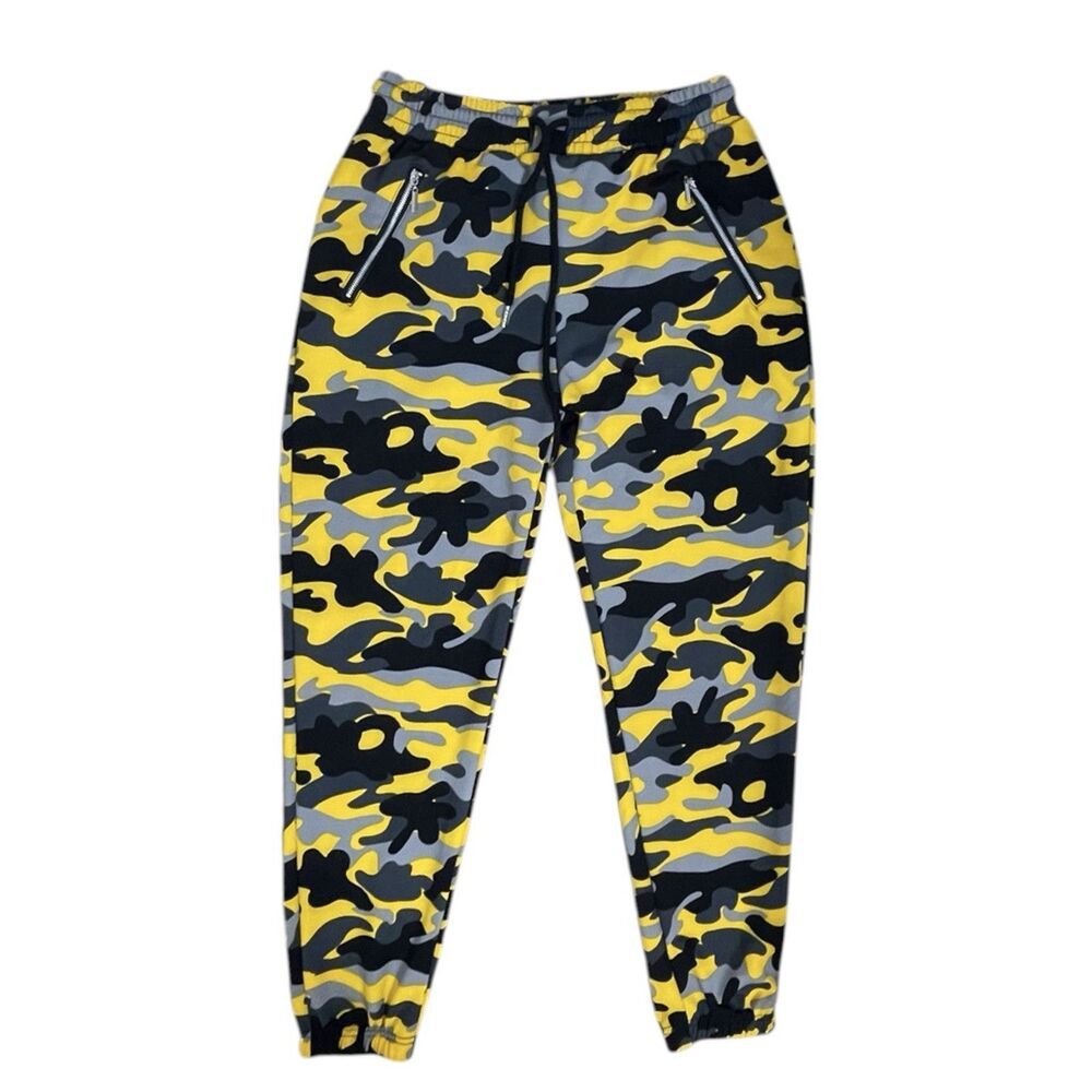 Camo Jogger Pants Yellow Black Gray Stretch Drawstring S/M Streetwear